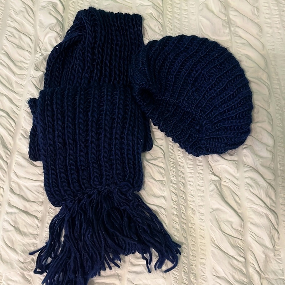 Dark Blue Knitted Baret and Scarf Set
